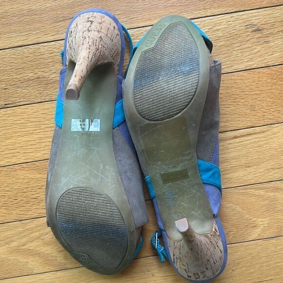 Guess Suede Multicolor Blue Gray Purple  Slingback Cork Heel Shoes  Sandals  8.5 - Picture 11 of 12